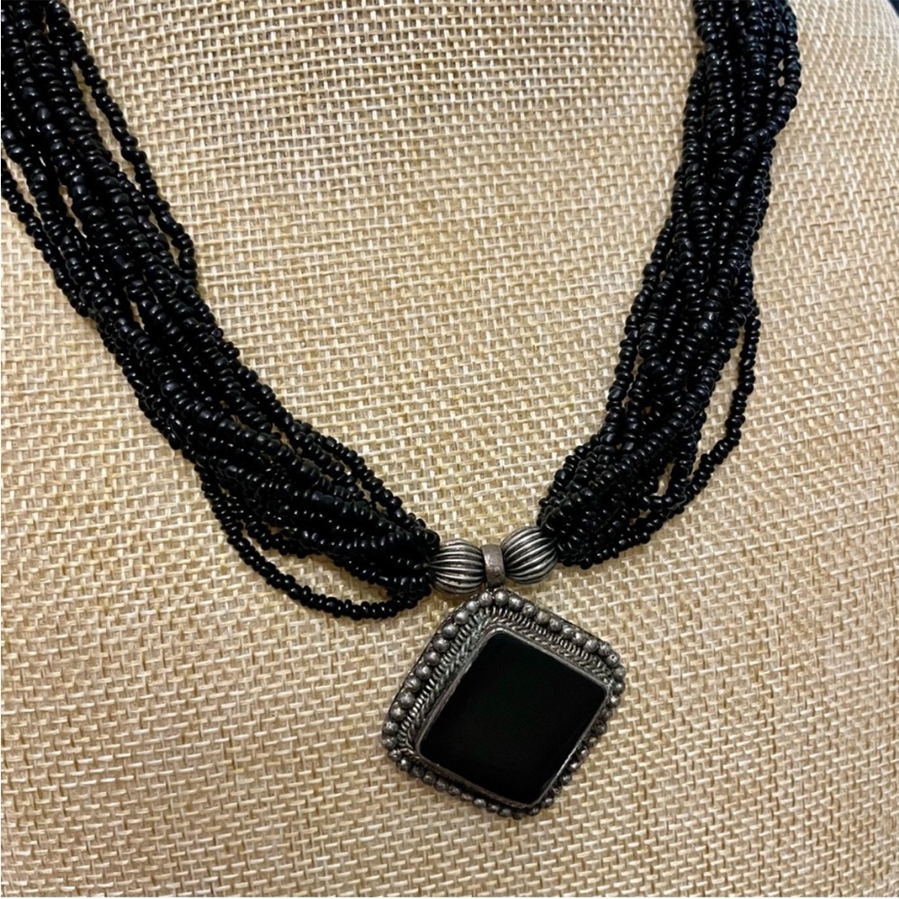 Vintage Tribal Bead Necklace with Silver & Onyx Pendant - Picture 3 of 8